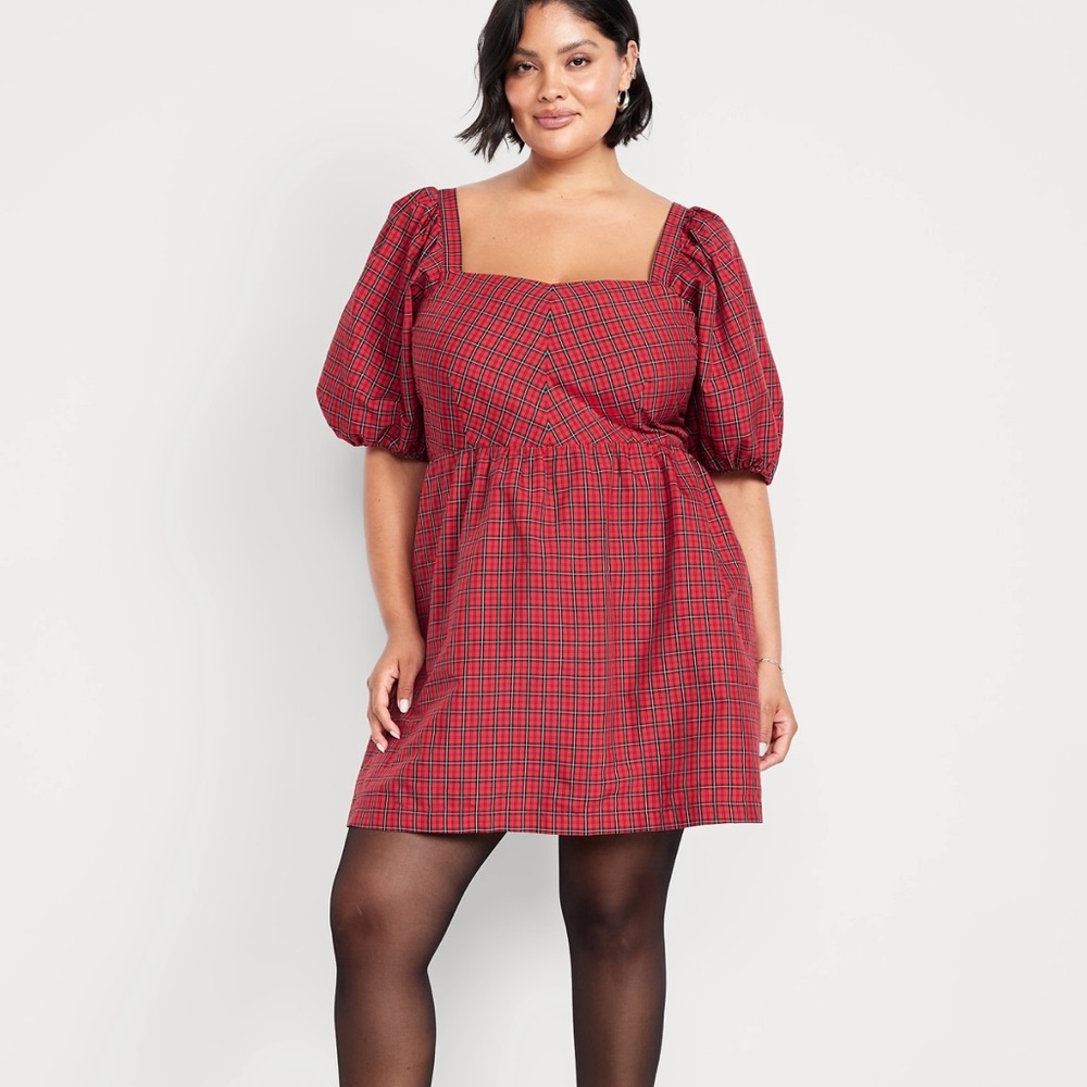 Old Navy Red Plaid Fit Flair Puff Sleeve Dress - Picture 1 of 6